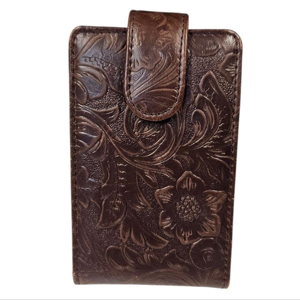 Vintage Tooled Leather Flip Phone Holder – Western Floral Embossed Brown Case